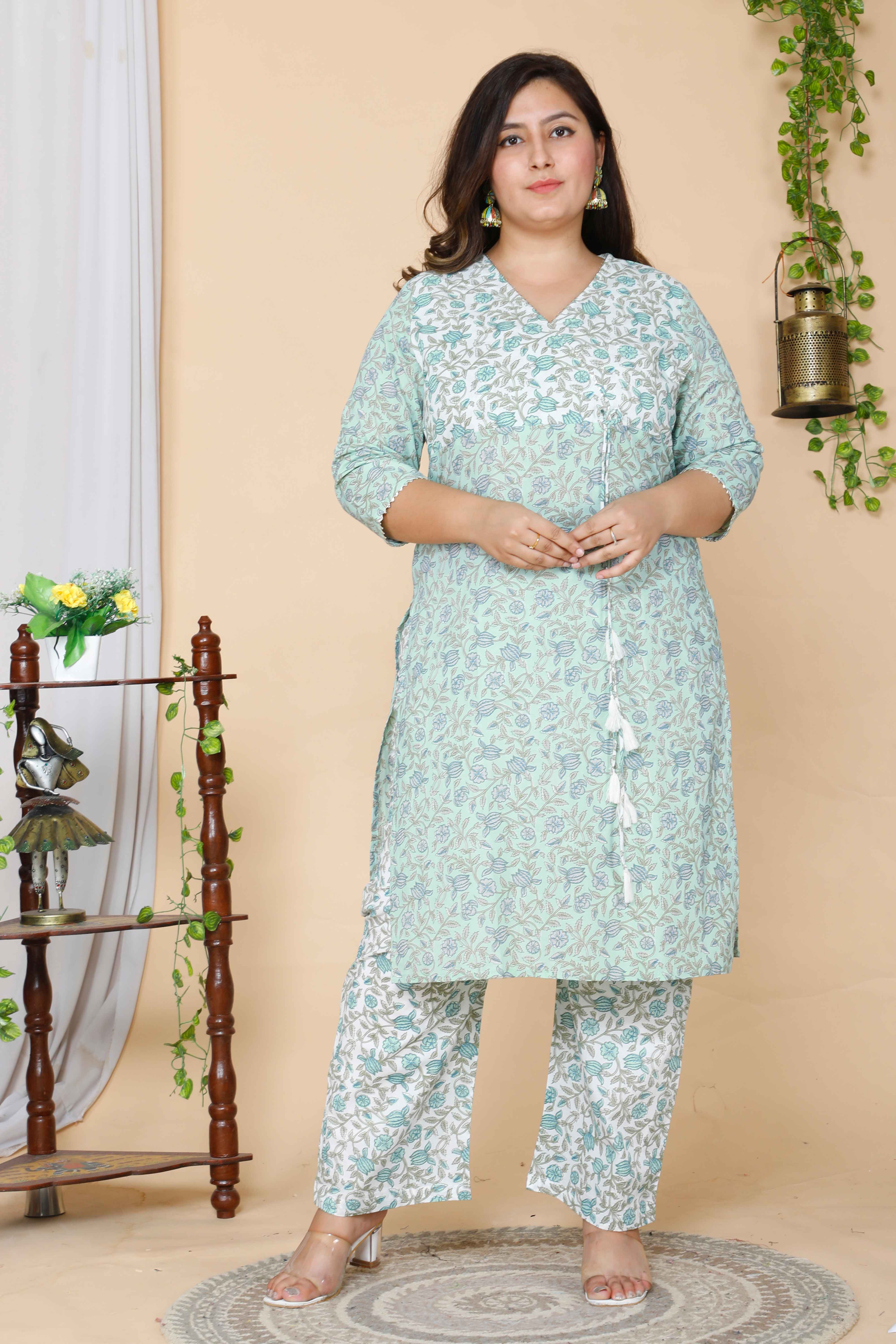 Green Floral Printed Angrakha Kurta with Palazzo and Dupatta Set